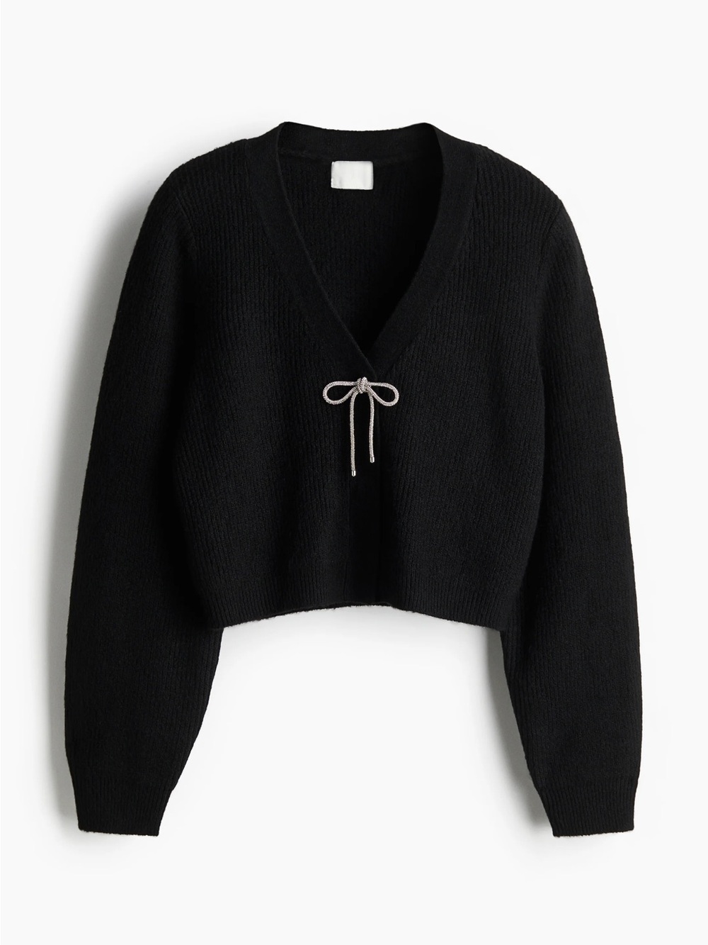 H&M Black V-Neck Silver Bow Cropped Sweater - Small